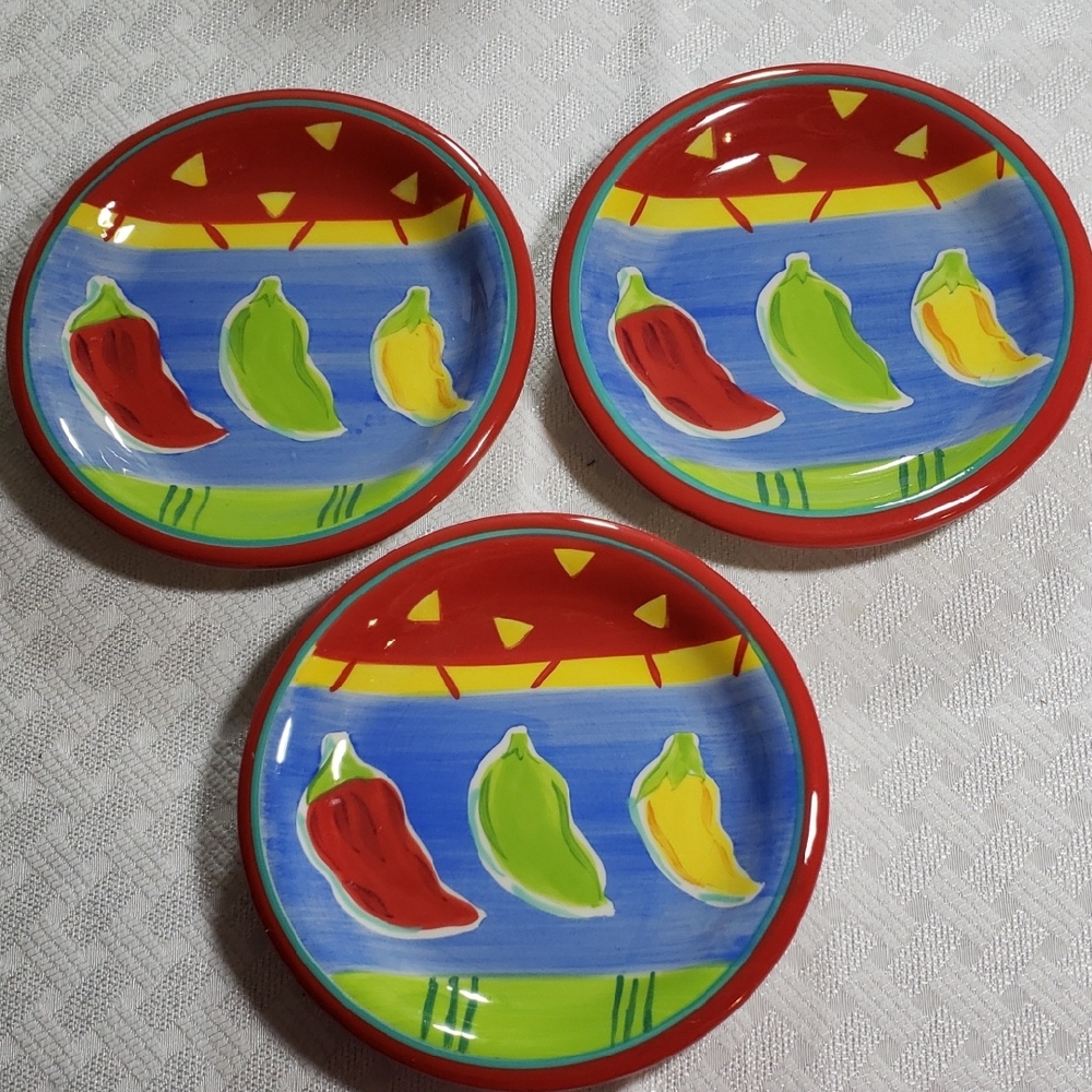 Hand-Painted Chili Pepper Ceramic Appetizer Plates - Red, Green, Yellow